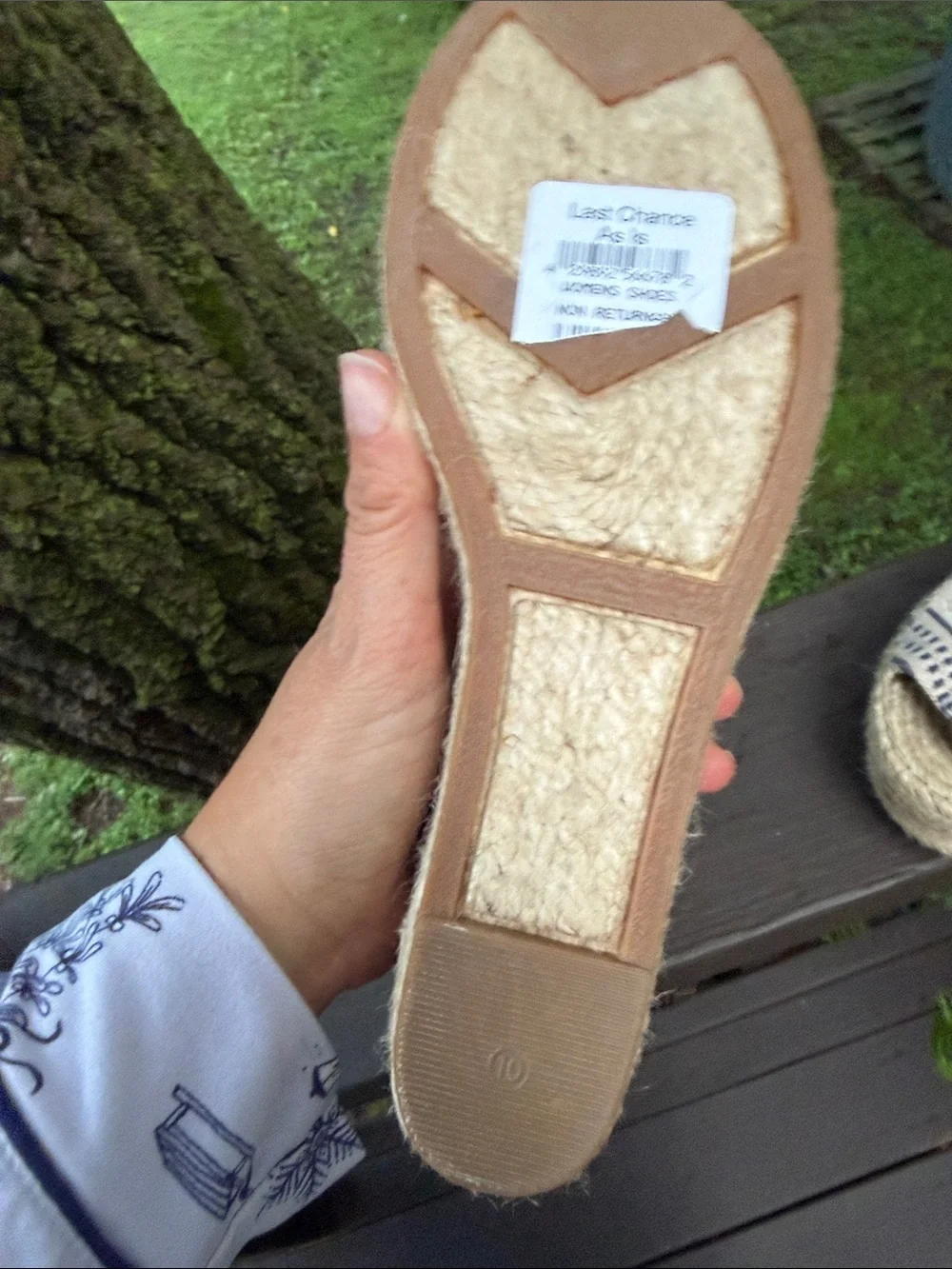 Marc Fisher Beige Leather and Blue Patterned Espadrille Wedges